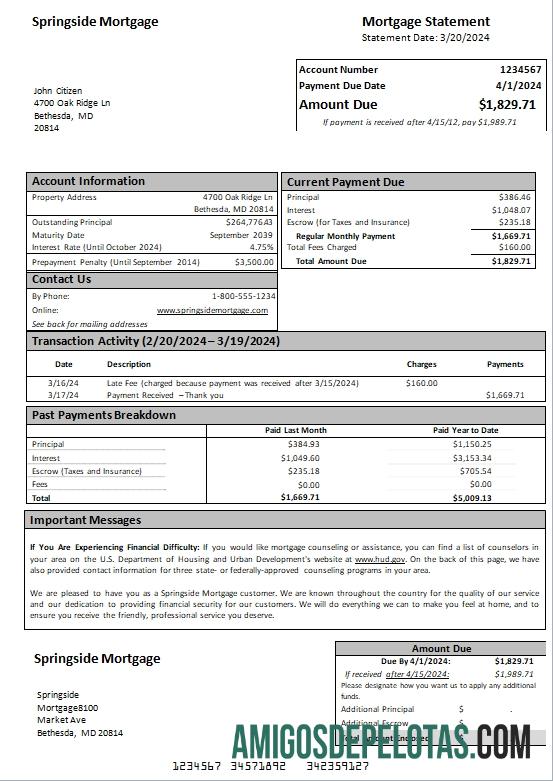 Declaração de hipoteca de Maryland Springside dos EUA exemplo